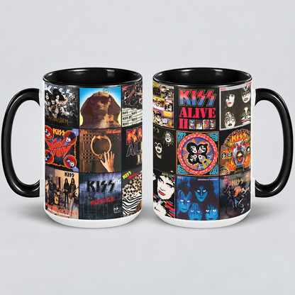 KISS Black Two-Tone Accent Coffee Mug - Classic Rock Band Album Covers Collage Mug