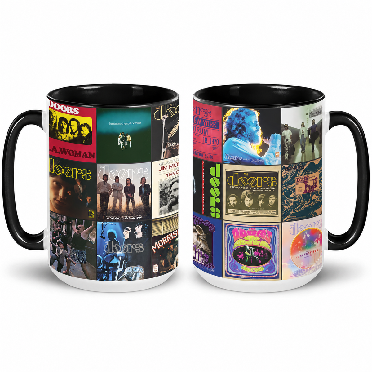 The Doors Black Two-Tone Accent Coffee Mug - Classic Rock Band Album Covers Collage Mug