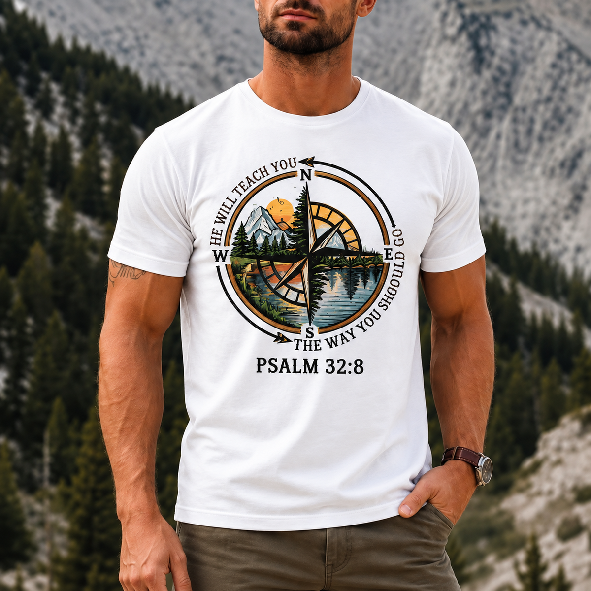 Psalm 32:8 Christian T-Shirt, He Will Teach You The Way Shirt, Compass Faith Tee, Christian Hiking Shirt, Bible Verse Gift