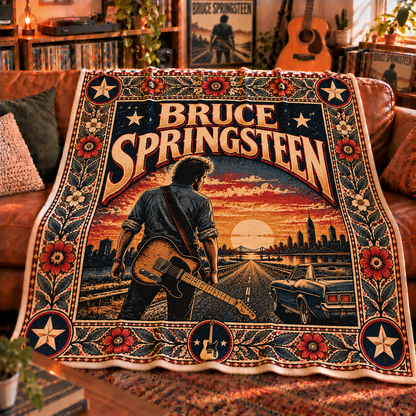 Bruce Springsteen Sherpa Throw Blanket - Telecaster Guitar & Muscle Car Soft Cover - Heart Rock Music Legend Fan Gift Idea