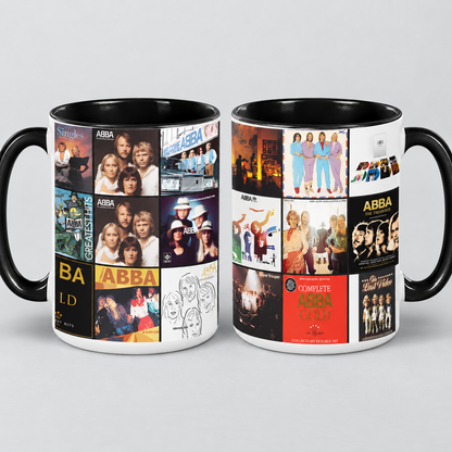 ABBA Black Two-Tone Accent Coffee Mug - Classic Band Album Covers Collage Mug