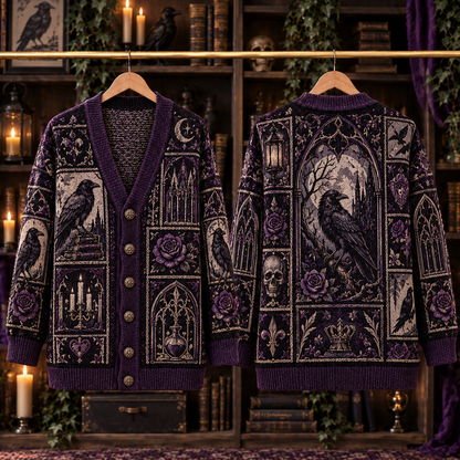Gothic Raven Cardigan, Purple Rose Crow Knit Sweater, Dark Academia Victorian Cardigan, Edgar Allan Poe Inspired Gothic Gift