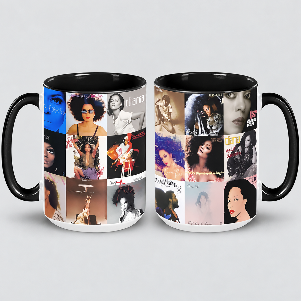 Diana Ross Black Two-Tone Accent Coffee Mug - Classic Band Album Covers Collage Mug