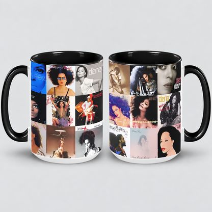 Diana Ross Black Two-Tone Accent Coffee Mug - Classic Band Album Covers Collage Mug