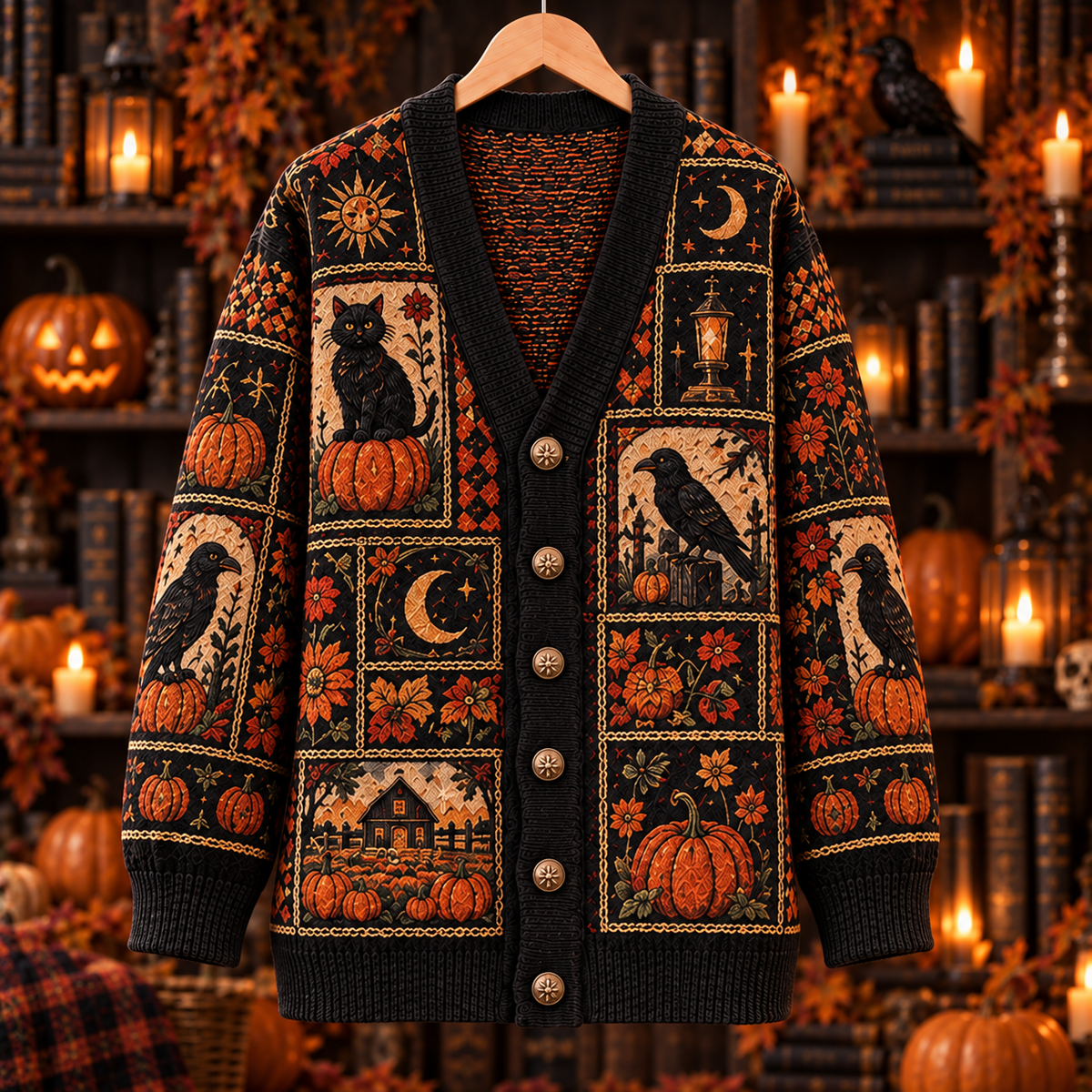 Pumpkin Patch Cardigan, Black Cat & Raven Halloween Knit Sweater, Gothic Fall Cardigan, Vintage Pumpkin Harvest Autumn Gift