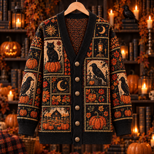 Pumpkin Patch Cardigan, Black Cat & Raven Halloween Knit Sweater, Gothic Fall Cardigan, Vintage Pumpkin Harvest Autumn Gift