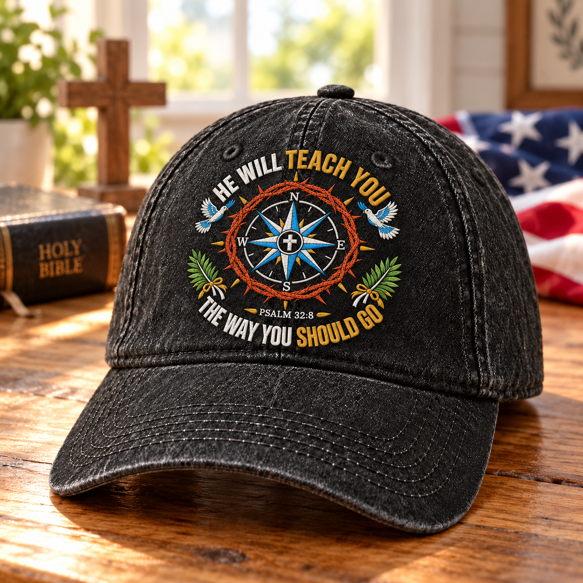 Psalm 32:8 Christian Denim Cap, He Will Teach You The Way Hat, Compass Bible Verse Cap, Faith Christian Hat, Gift for Believers