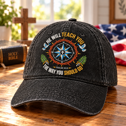 Psalm 32:8 Christian Denim Cap, He Will Teach You The Way Hat, Compass Bible Verse Cap, Faith Christian Hat, Gift for Believers