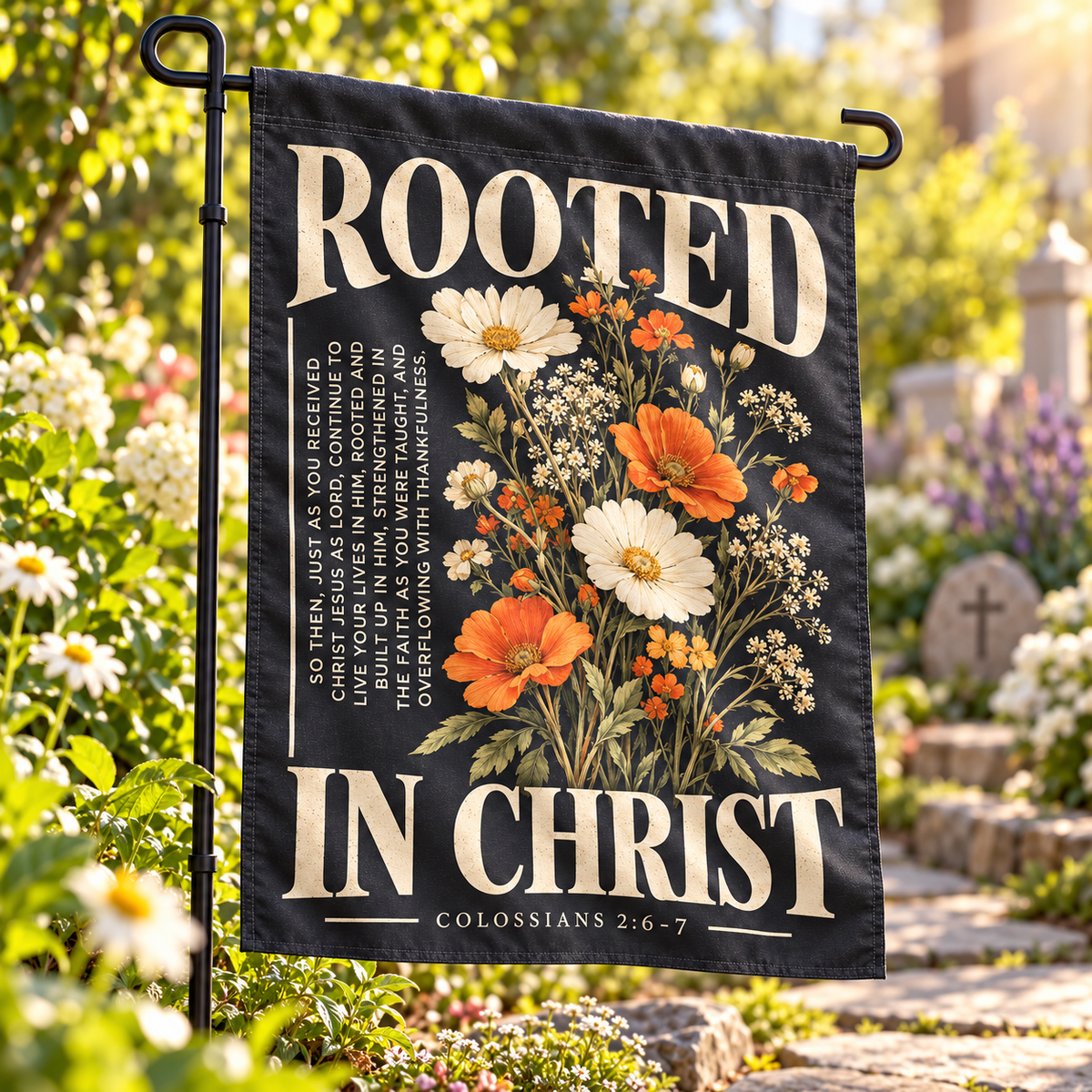 Rooted In Christ Garden Flag - Floral Bible Verse Yard Banner, Christian Outdoor Home & Garden Decor