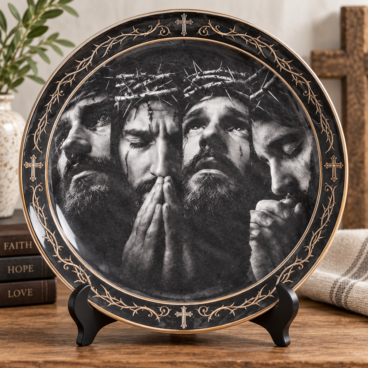 Jesus Crown of Thorns Decorative Plate, Christian Faith Wall Decor, Jesus Christ Prayer Artwork, Religious Home Decoration, Christian Gift