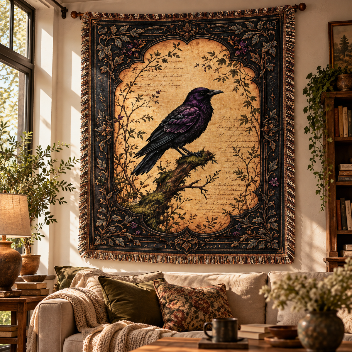 Vintage Crow Botanical Woven Blanket – Dark Academia Raven Tapestry Throw with Baroque Frame