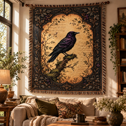 Vintage Crow Botanical Woven Blanket – Dark Academia Raven Tapestry Throw with Baroque Frame