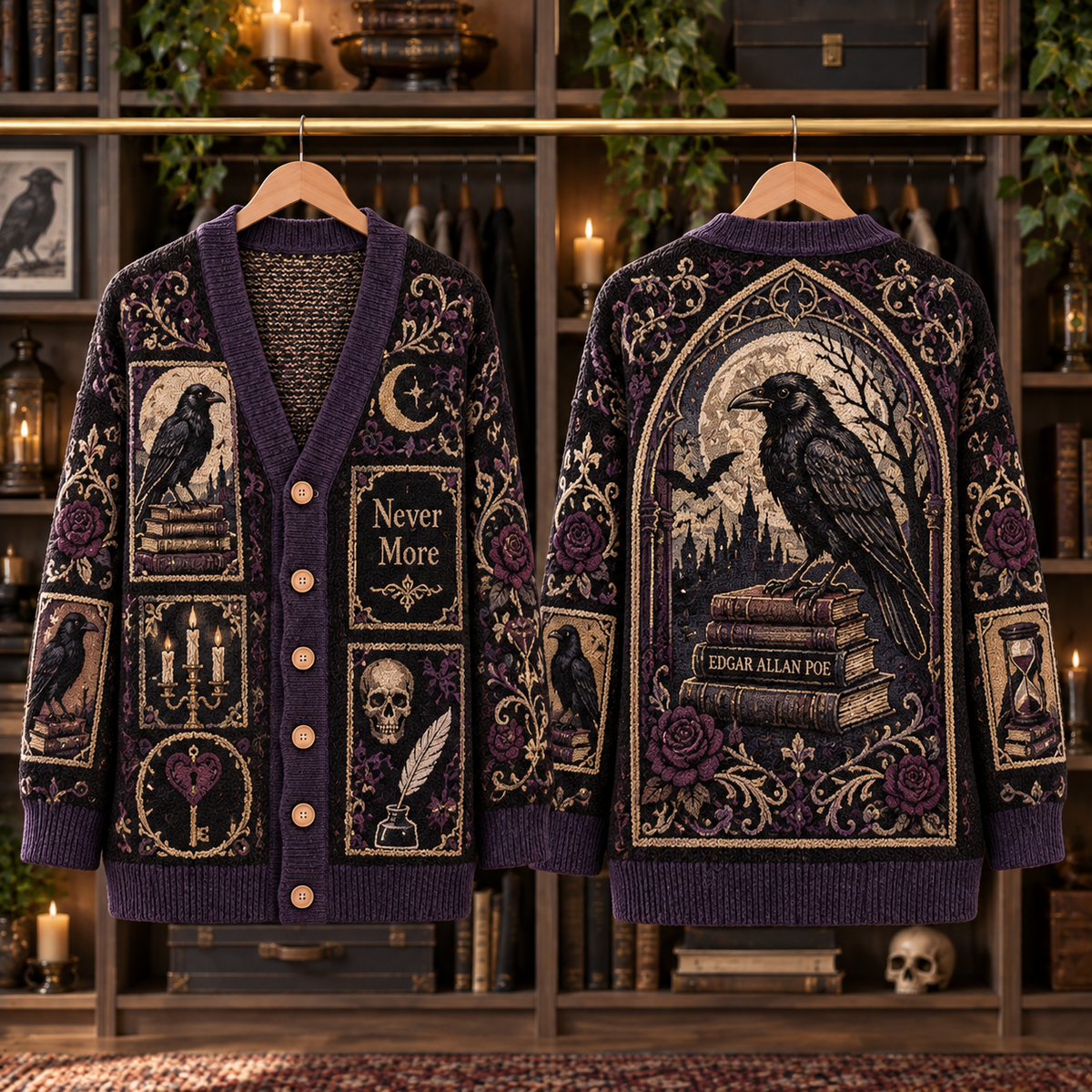 Edgar Allan Poe Raven Cardigan, Nevermore Gothic Knit Sweater, Purple Rose Dark Academia Cardigan, Literary Horror Gift