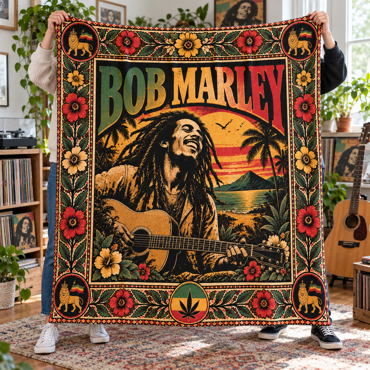Bob Marley Sherpa Throw Blanket - Acoustic Guitar & Rasta Lion Soft Plush Cover - Reggae Music Legend Fan Unique Gift Idea