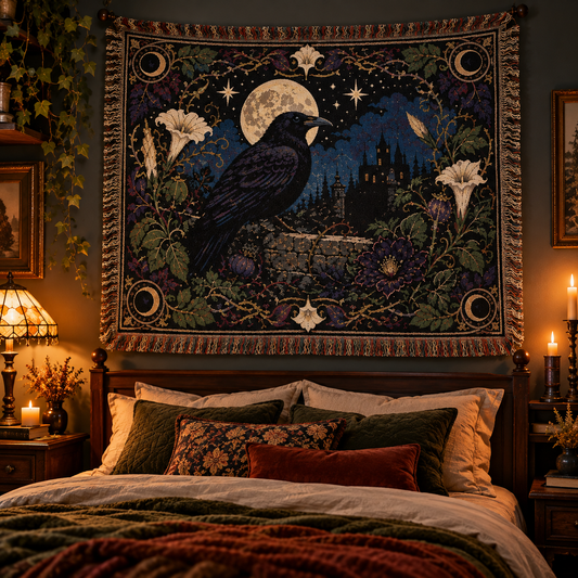 Gothic Raven & Full Moon Woven Blanket – Vintage Night Castle Tapestry Throw