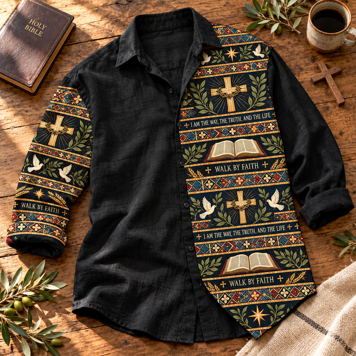 Men’s Christian Linen Shirt – "Walk By Faith" Cross & Holy Bible Vintage Button-Down Shirt