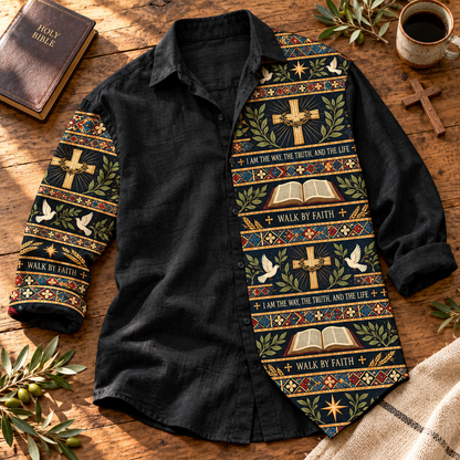 Men’s Christian Linen Shirt – "Walk By Faith" Cross & Holy Bible Vintage Button-Down Shirt
