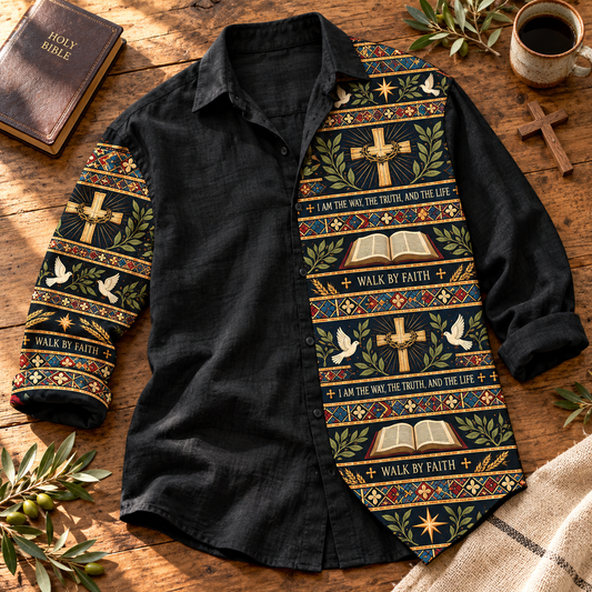 Men’s Christian Linen Shirt – "Walk By Faith" Cross & Holy Bible Vintage Button-Down Shirt