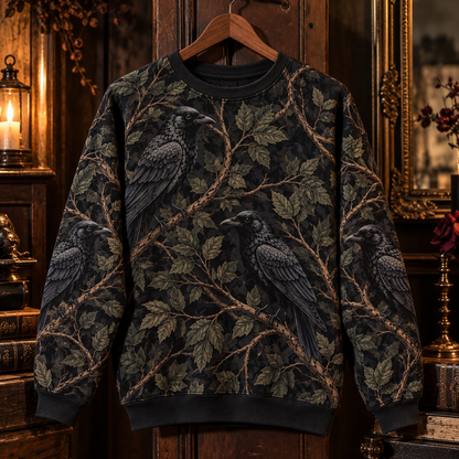 Black Raven Sweater, Crow & Branches All Over Print Sweater, Dark Woodland Bird Sweater, Gothic Nature Clothing, Raven Lover Gift