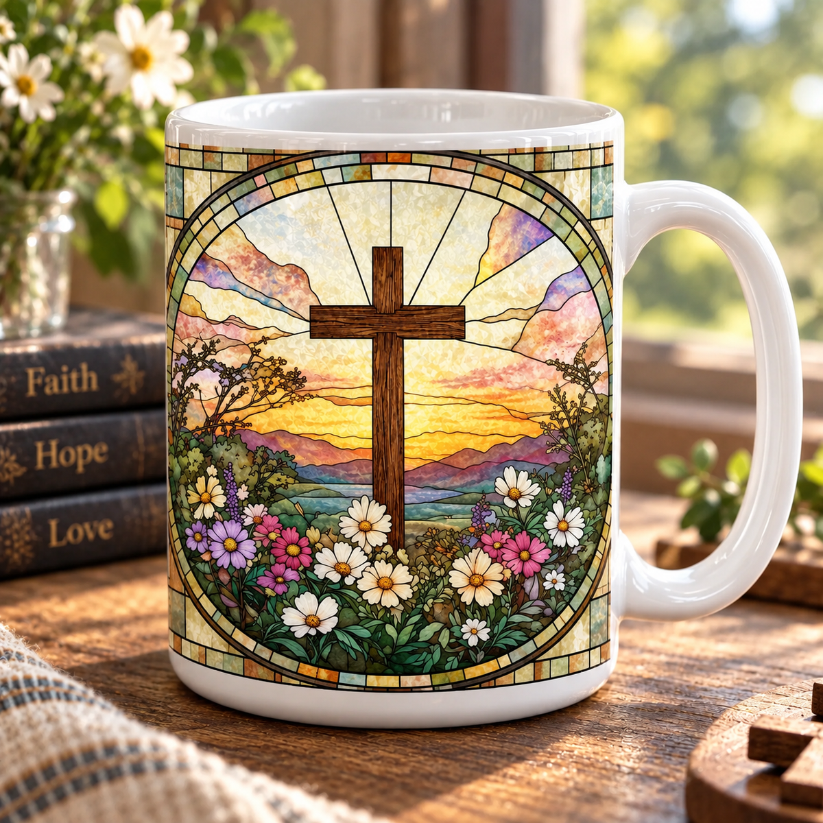 Christian Cross Stained Glass Mug, Sunrise Wildflower Coffee Cup, Faith Inspired Religious Gift, Bible Lover Christian Decor