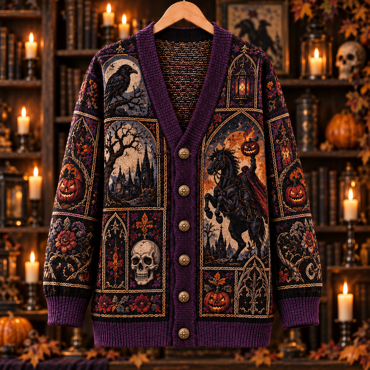 Headless Horseman Cardigan, Sleepy Hollow Halloween Knit Sweater, Gothic Pumpkin Rider Cardigan, Dark Academia Fall Gift