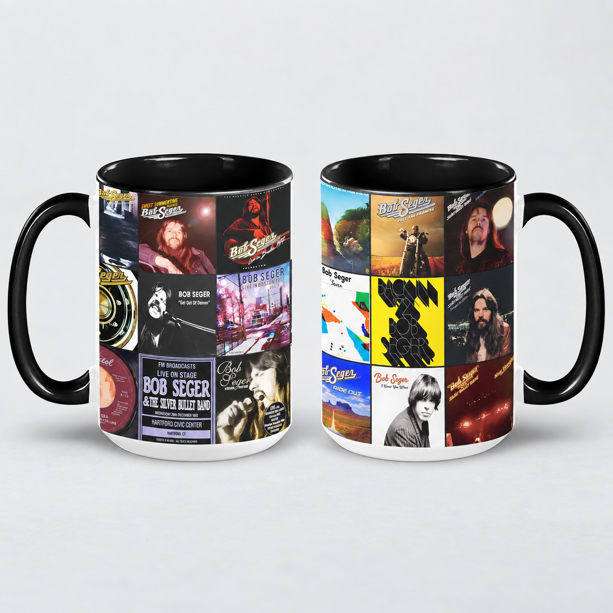Bob Seger Black Two-Tone Accent Coffee Mug - Classic Band Album Covers Collage Mug