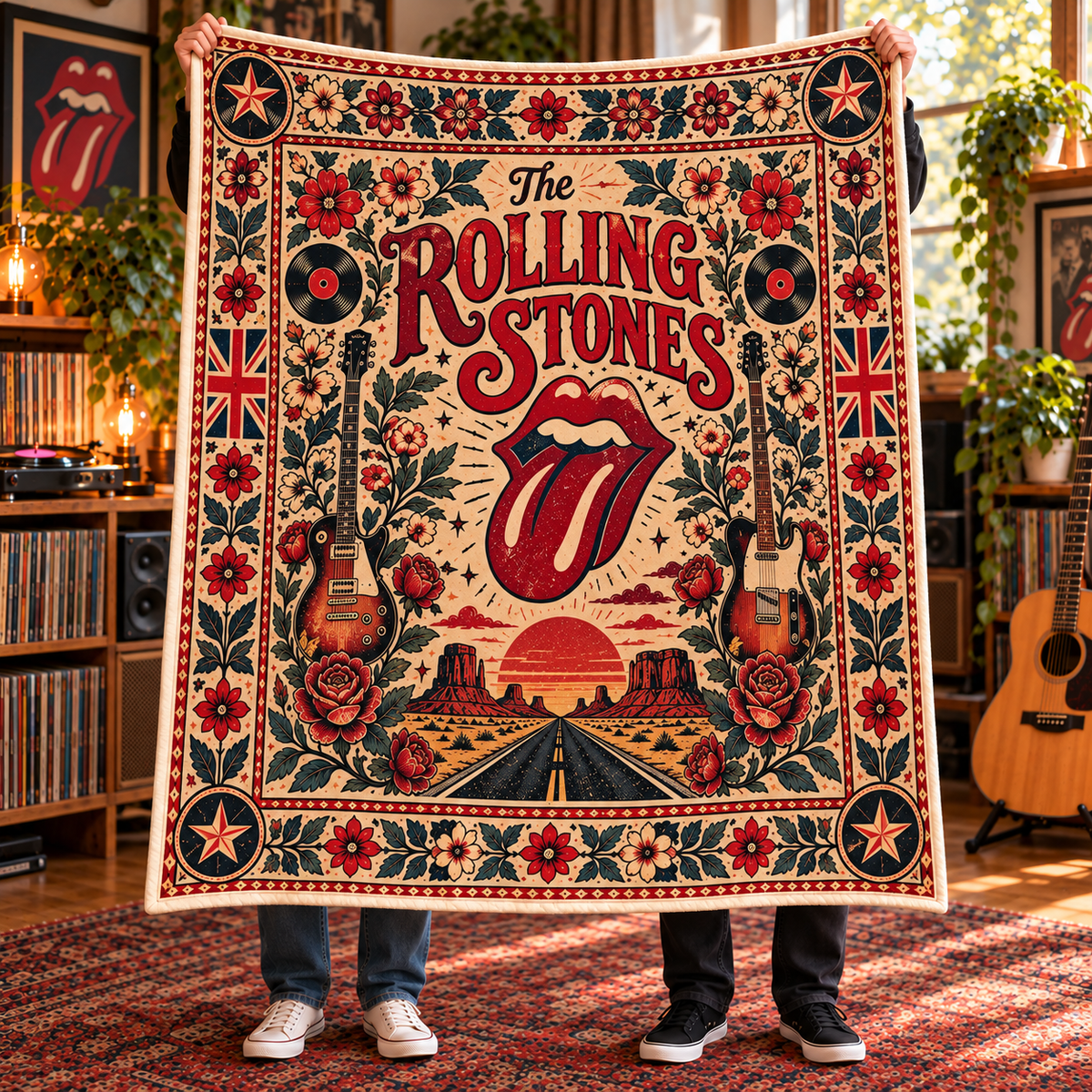 The Rolling Stones Sherpa Throw Blanket - Red Tongue Logo & Electric Guitars Soft Cover - Classic Rock Band Fan Unique Gift