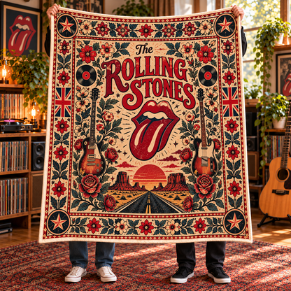 The Rolling Stones Sherpa Throw Blanket - Red Tongue Logo & Electric Guitars Soft Cover - Classic Rock Band Fan Unique Gift