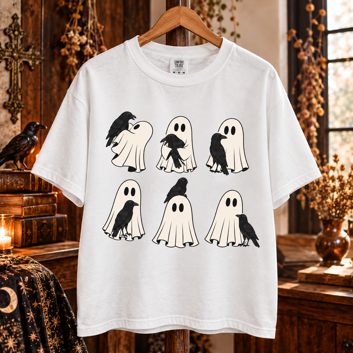 Ghost and Raven T-Shirt, Spooky Crow Halloween Shirt, Cute Ghost Graphic Tee, Gothic Raven Shirt, Witchy Halloween Gift