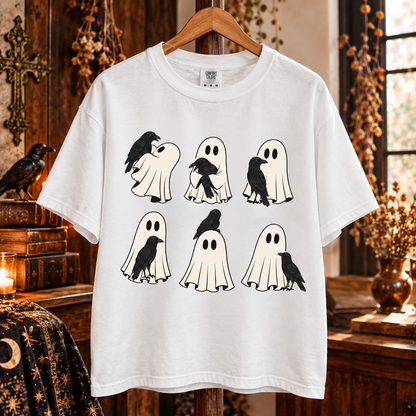 Ghost and Raven T-Shirt, Spooky Crow Halloween Shirt, Cute Ghost Graphic Tee, Gothic Raven Shirt, Witchy Halloween Gift