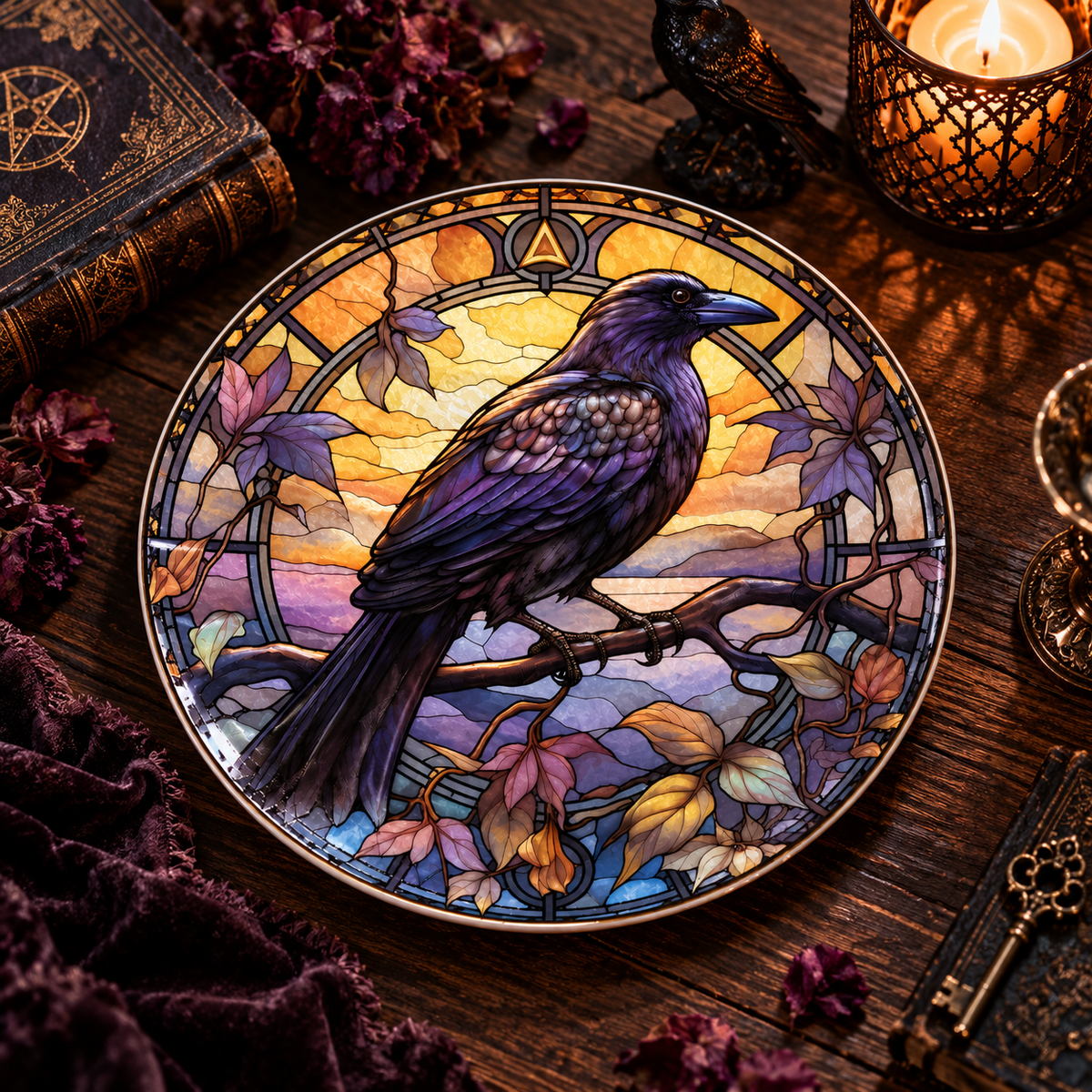 Mystical Raven Stained Glass Ceramic Plate – Gothic Purple Crow Decorative Porcelain Dish