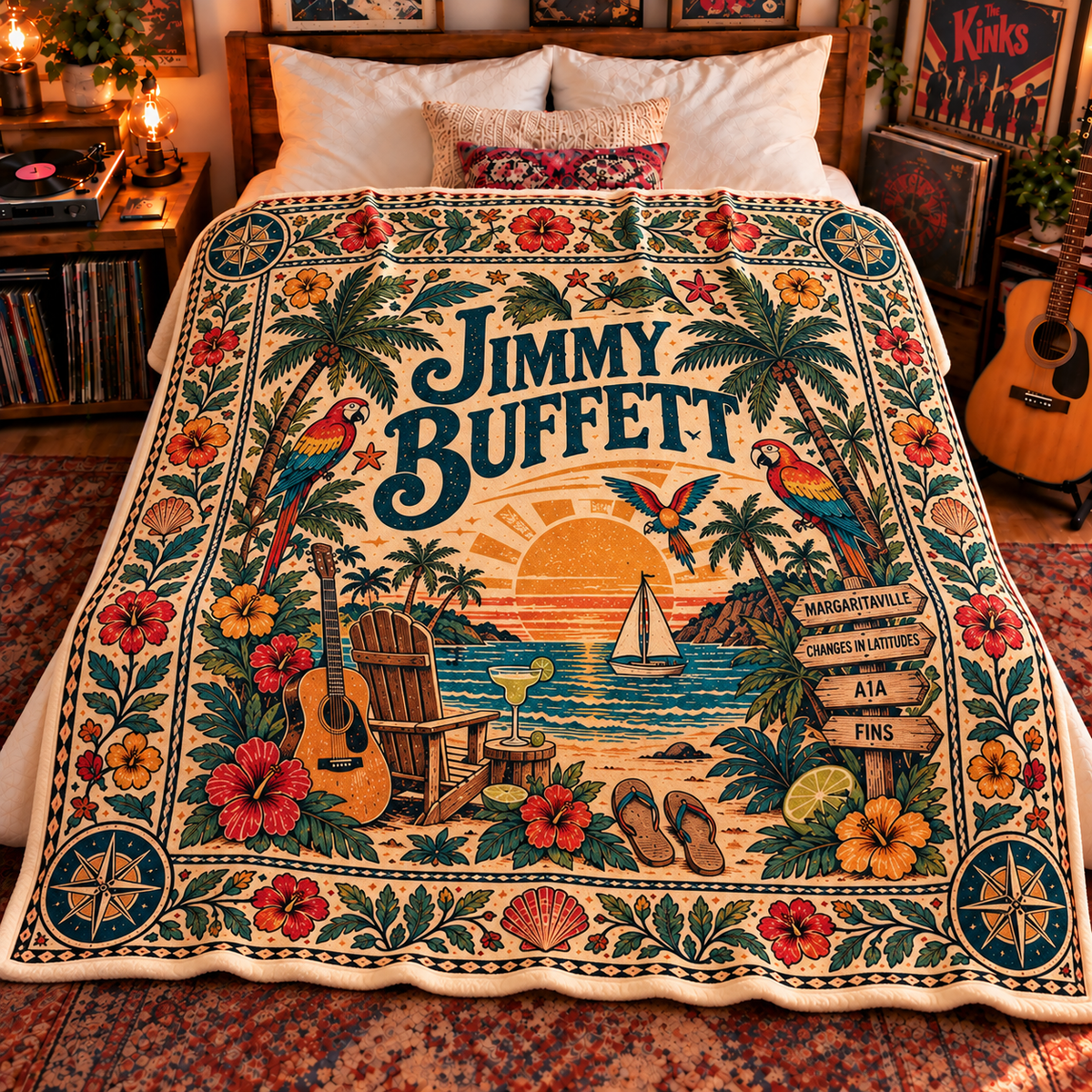 Jimmy Buffett Sherpa Throw Blanket - Margaritaville & Parrothead Soft Cover - Tropical Island Rock Music Legend Unique Gift Idea