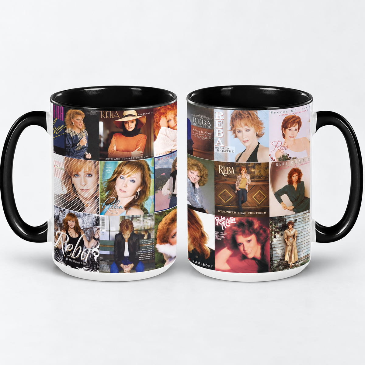 Reba McEntire Black Two-Tone Accent Coffee Mug - Classic Band Album Covers Collage Mug