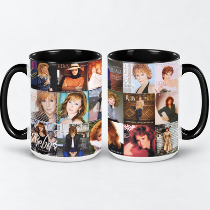 Reba McEntire Black Two-Tone Accent Coffee Mug - Classic Band Album Covers Collage Mug