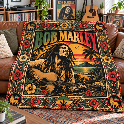 Bob Marley Sherpa Throw Blanket - Acoustic Guitar & Rasta Lion Soft Plush Cover - Reggae Music Legend Fan Unique Gift Idea