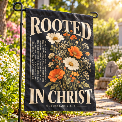 Rooted In Christ Garden Flag - Floral Bible Verse Yard Banner, Christian Outdoor Home & Garden Decor