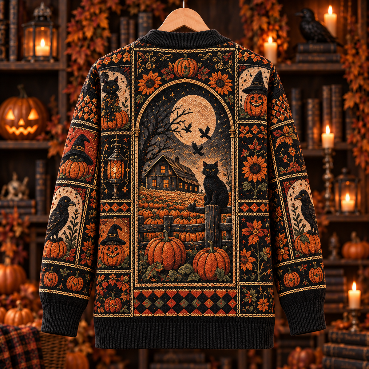 Pumpkin Patch Cardigan, Black Cat & Raven Halloween Knit Sweater, Gothic Fall Cardigan, Vintage Pumpkin Harvest Autumn Gift