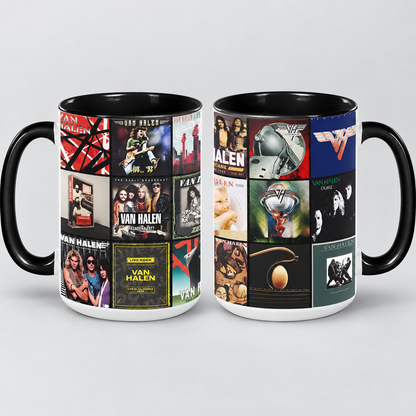 Van Halen Black Two-Tone Accent Coffee Mug - Classic Rock Band Album Covers Collage Cup