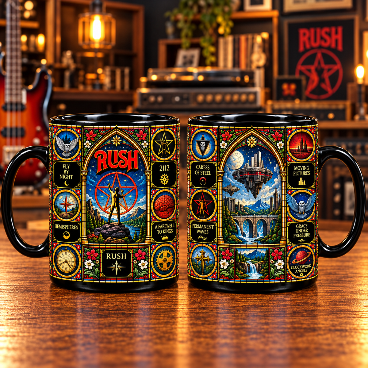 Rush Stained Glass Ceramic Coffee Mug - Starman Red Star & Owl Cup - Progressive Rock Band Fan Unique Gift Idea