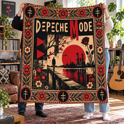 Depeche Mode Sherpa Throw Blanket - Red Rose & Gothic Cross Soft Plush Cover - New Wave Synth Pop Band Fan Unique Gift Idea