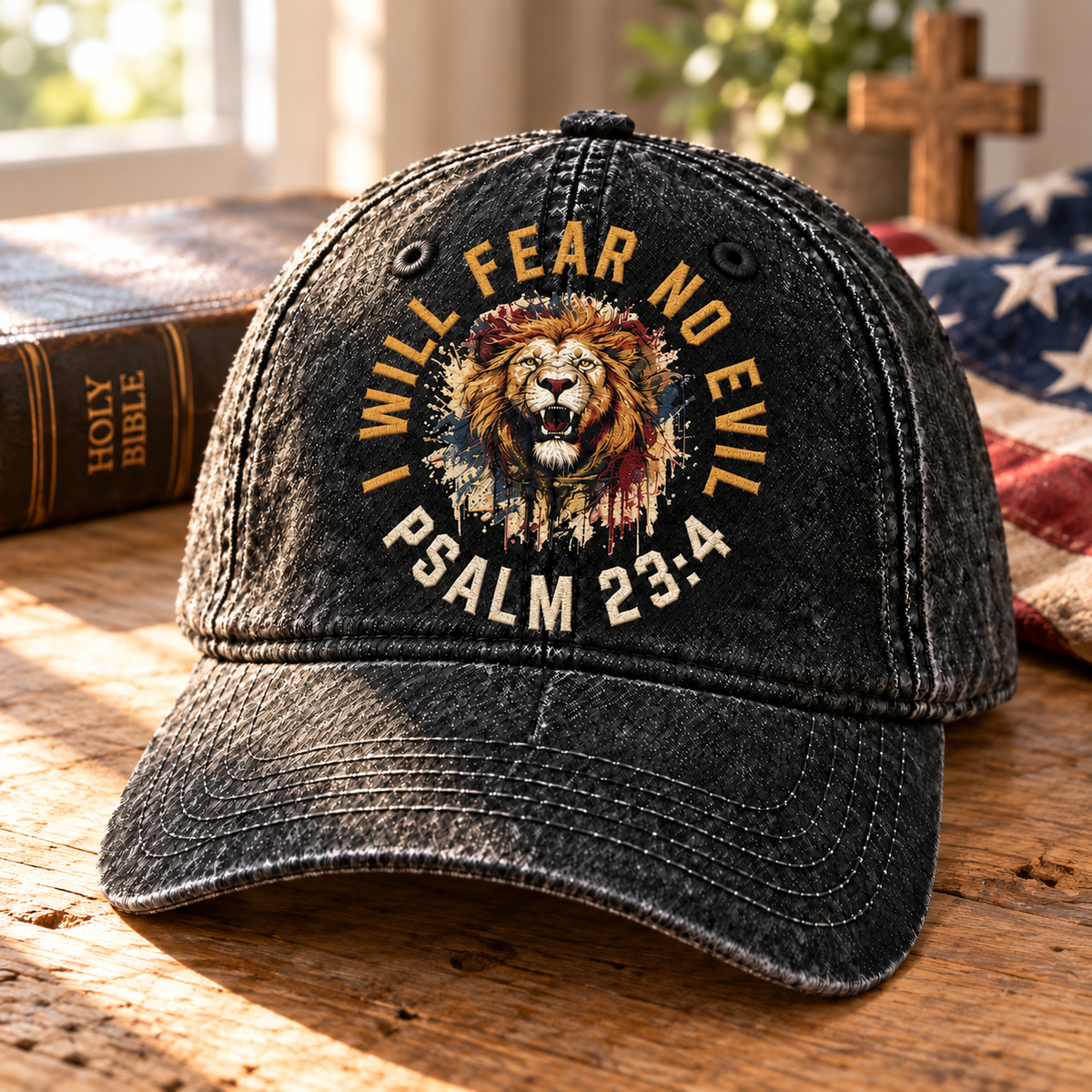 Psalm 23:4 Christian Denim Cap, I Will Fear No Evil Hat, Lion of Judah Faith Cap, Bible Verse Hat, Christian Gift for Men