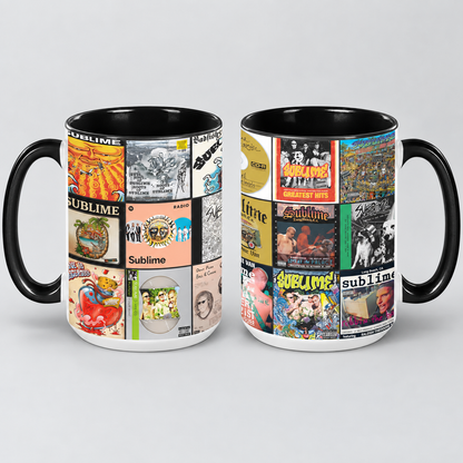 Sublime Black Two-Tone Accent Coffee Mug - Classic Rock Band Album Covers Collage Mug