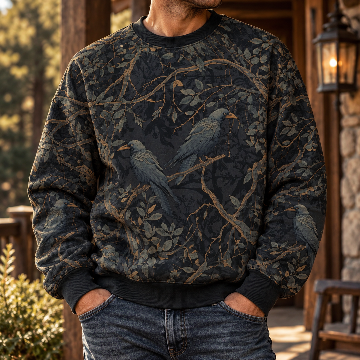 Raven Sweater, Dark Forest Crow Sweater, Gothic Woodland Sweater, All Over Print Raven Sweater, Bird Lover Gift for Men