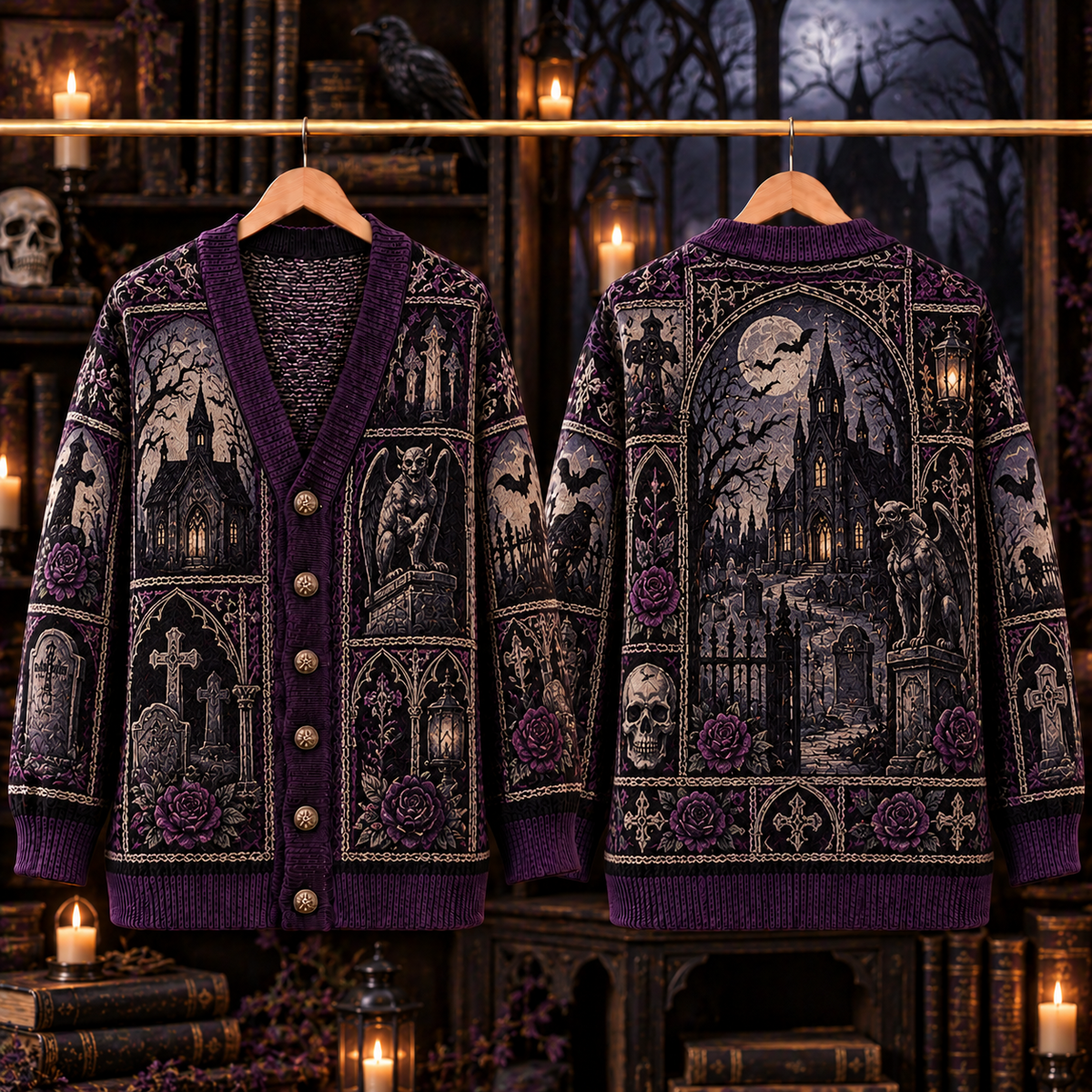 Haunted Mansion Cardigan, Purple Raven Gargoyle Knit Sweater, Dark Academia Graveyard Cardigan, Victorian Gothic Gift