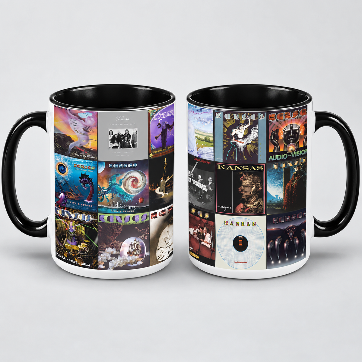 Kansas Black Two-Tone Accent Coffee Mug - Classic Rock Band Album Covers Collage Mug