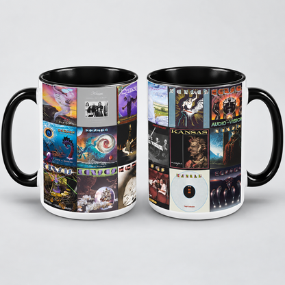 Kansas Black Two-Tone Accent Coffee Mug - Classic Rock Band Album Covers Collage Mug