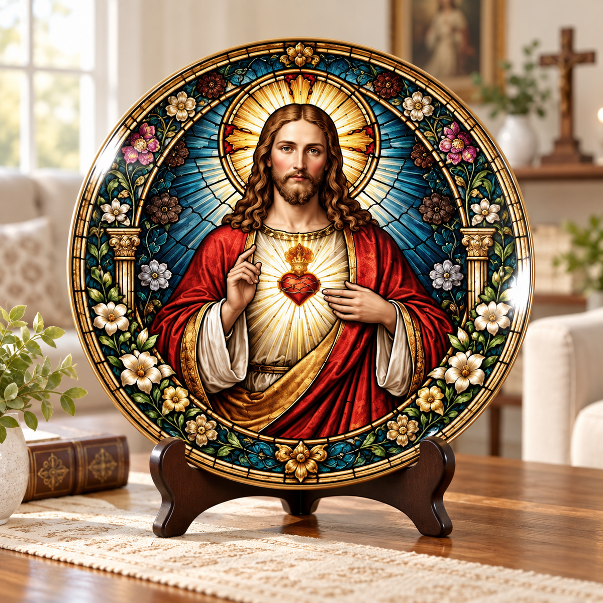 Sacred Heart of Jesus Stained Ceramic Plate Decor, Catholic Religious Wall Art