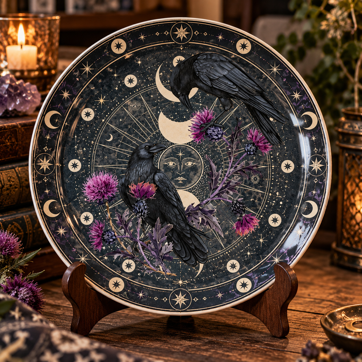 Celestial Raven Decorative Plate, Gothic Crow Moon Plate, Witchy Raven Wall Decor, Purple Thistle Plate, Dark Academia Gift