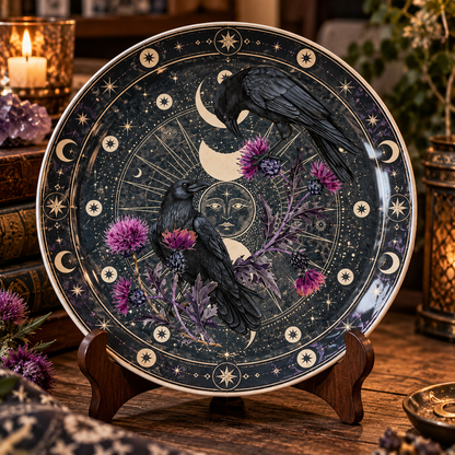 Celestial Raven Decorative Plate, Gothic Crow Moon Plate, Witchy Raven Wall Decor, Purple Thistle Plate, Dark Academia Gift
