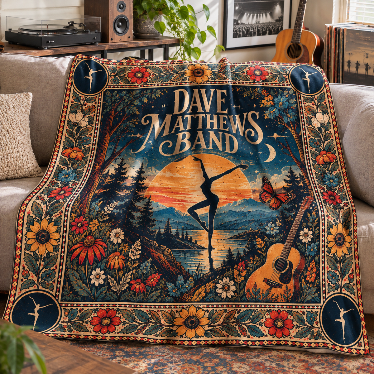 Dave Matthews Band Sherpa Throw Blanket - Fire Dancer & Guitar Soft Plush Cover - Jam Rock Music Fan Unique Gift Idea